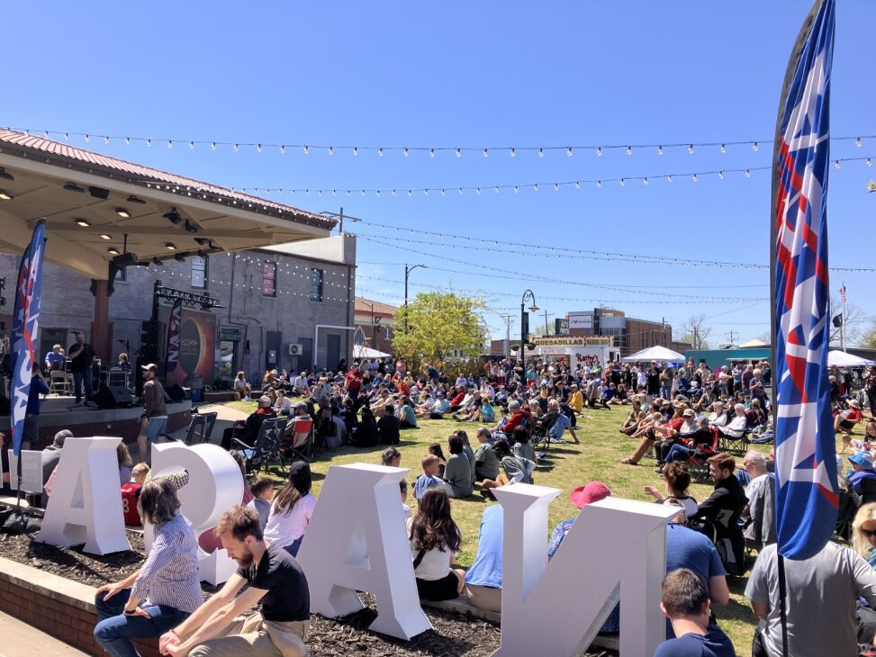 Crowds from across the world gather to watch NASA presentations in Russellville, Arkansas, prior to viewing the total solar eclipse April 8.