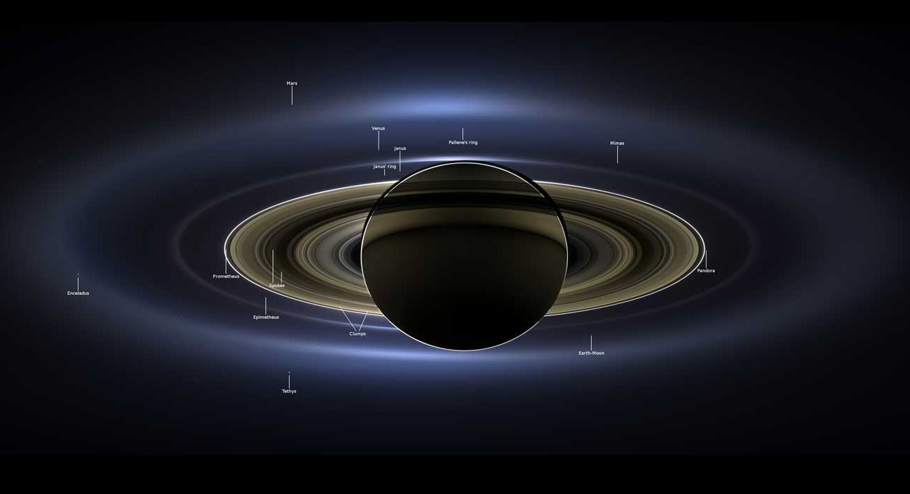 The Cassini spacecraft created this artificial eclipse of Saturn in November 2013 as it traveled beyond Saturn during one of its orbits, with many objects, including Earth, made visible