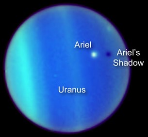 July 2006 Hubble Space Telescope image of Uranus and its moon Ariel casting a shadow on the planet