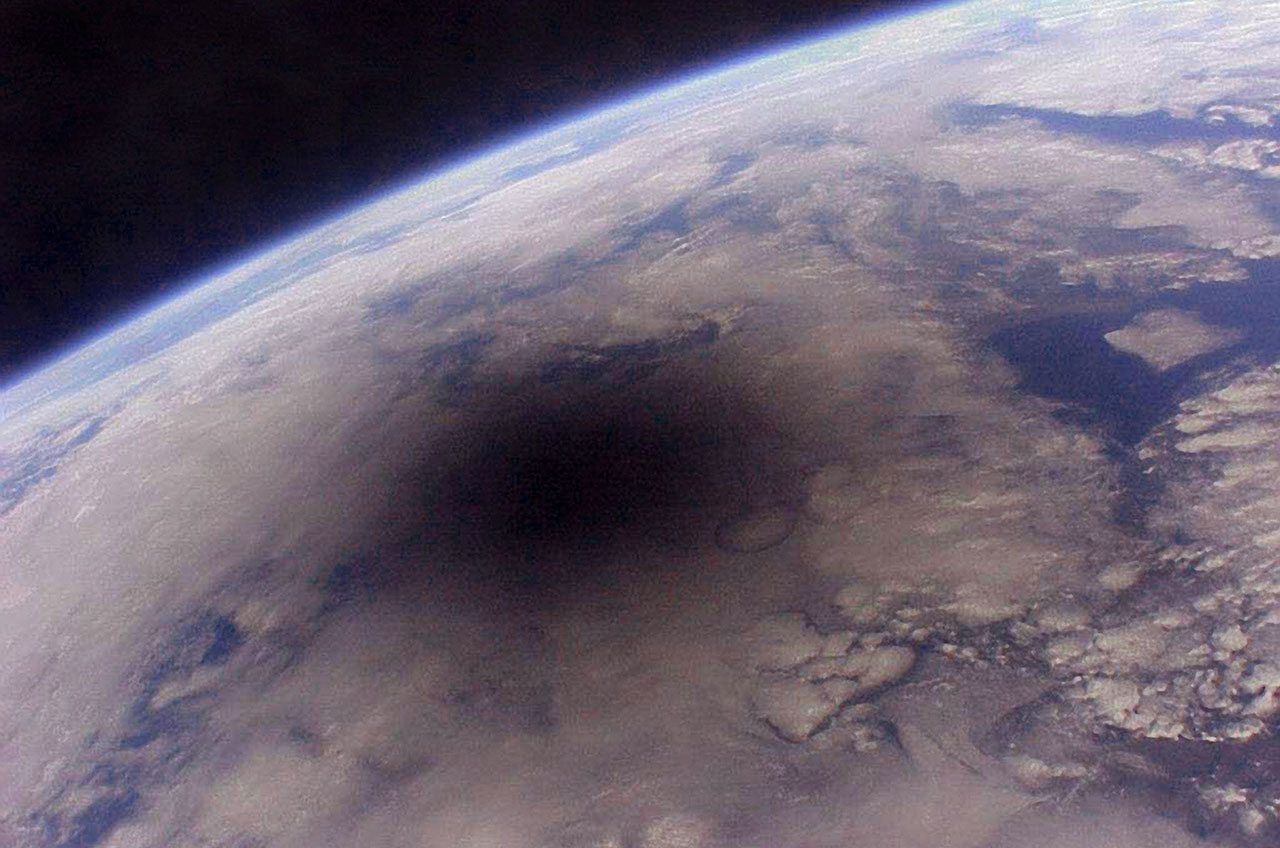 The Moon's shadow photographed from Mir during the August 1999 eclipse