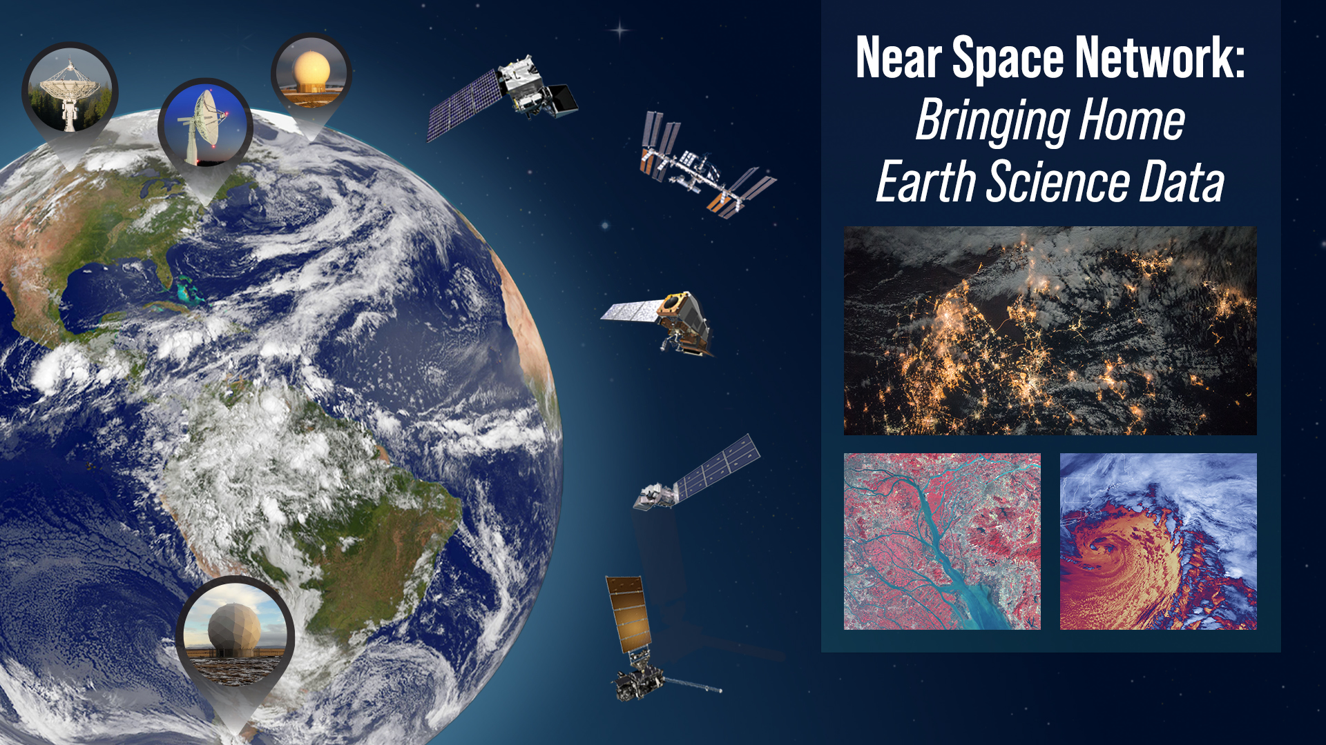 A picture of the Earth with multiple Earth-observing spacecraft around it. On the surface are four images of Near Space Network antennas while text on screen reads: Near Space Network - bringing home Earth science data.