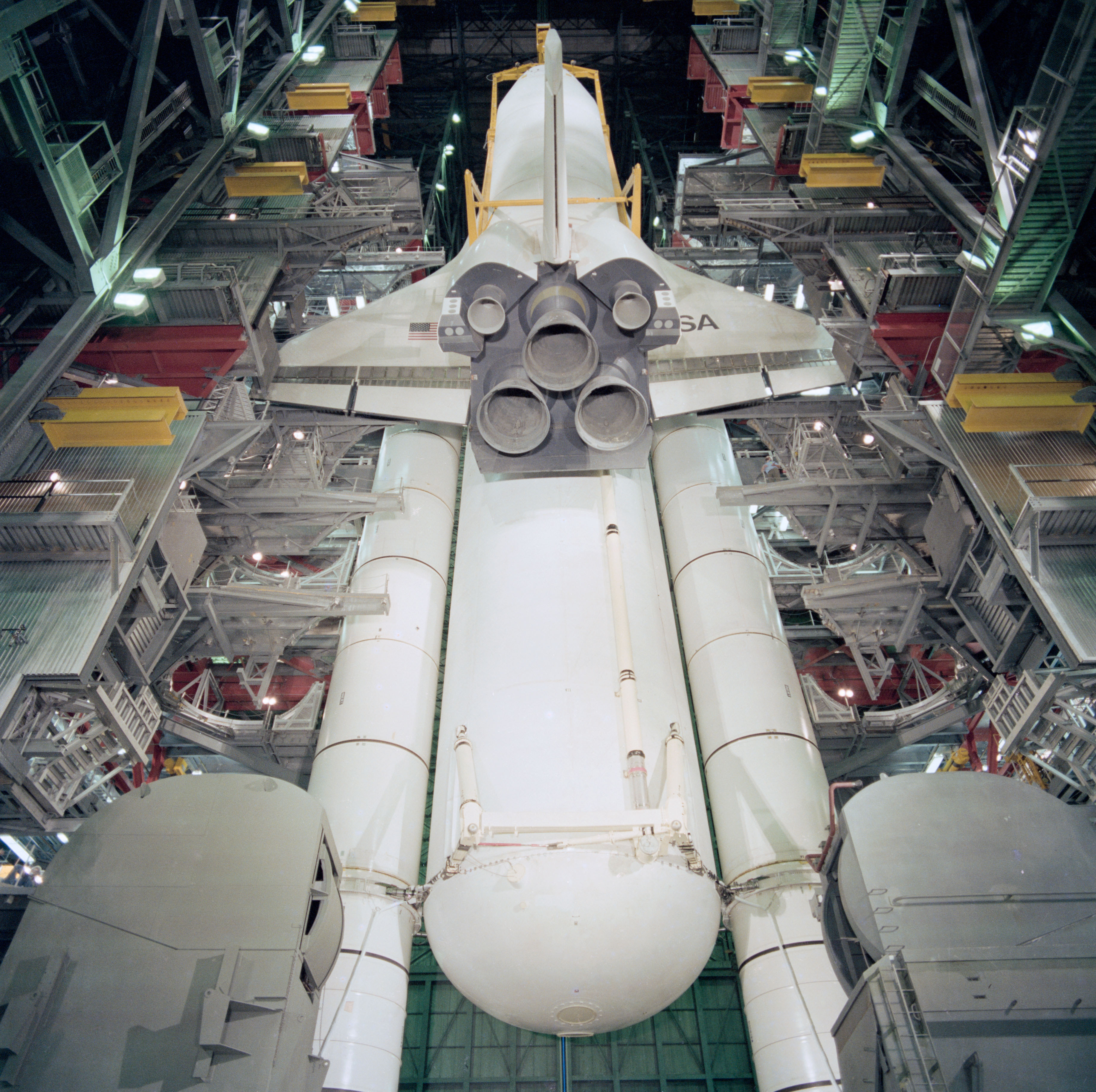 Workers lower Enterprise for attachment to the External Tank and Solid Rocket Boosters