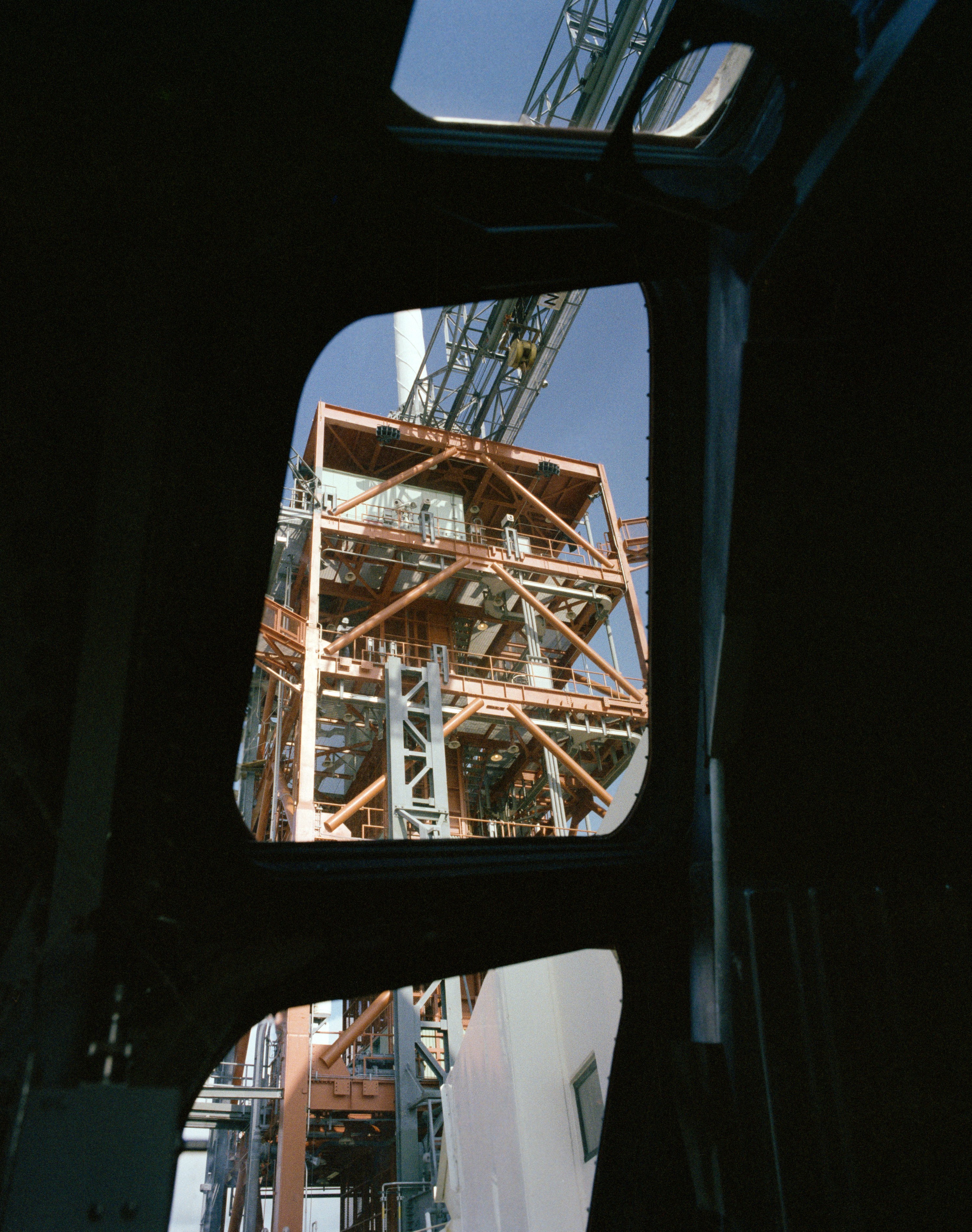 Pilot's eye view of the launch tower looking up through Enterprise's forward windows