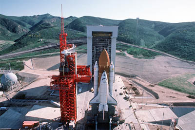 Enterprise during static pad tests at Space Launch Complex-6 at Vandenberg Air Force Base in 1985
