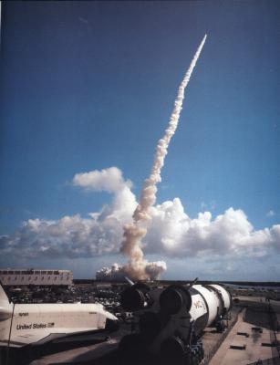 Launch of STS-61A in October 1985, with Enterprise and the Saturn V in the foreground