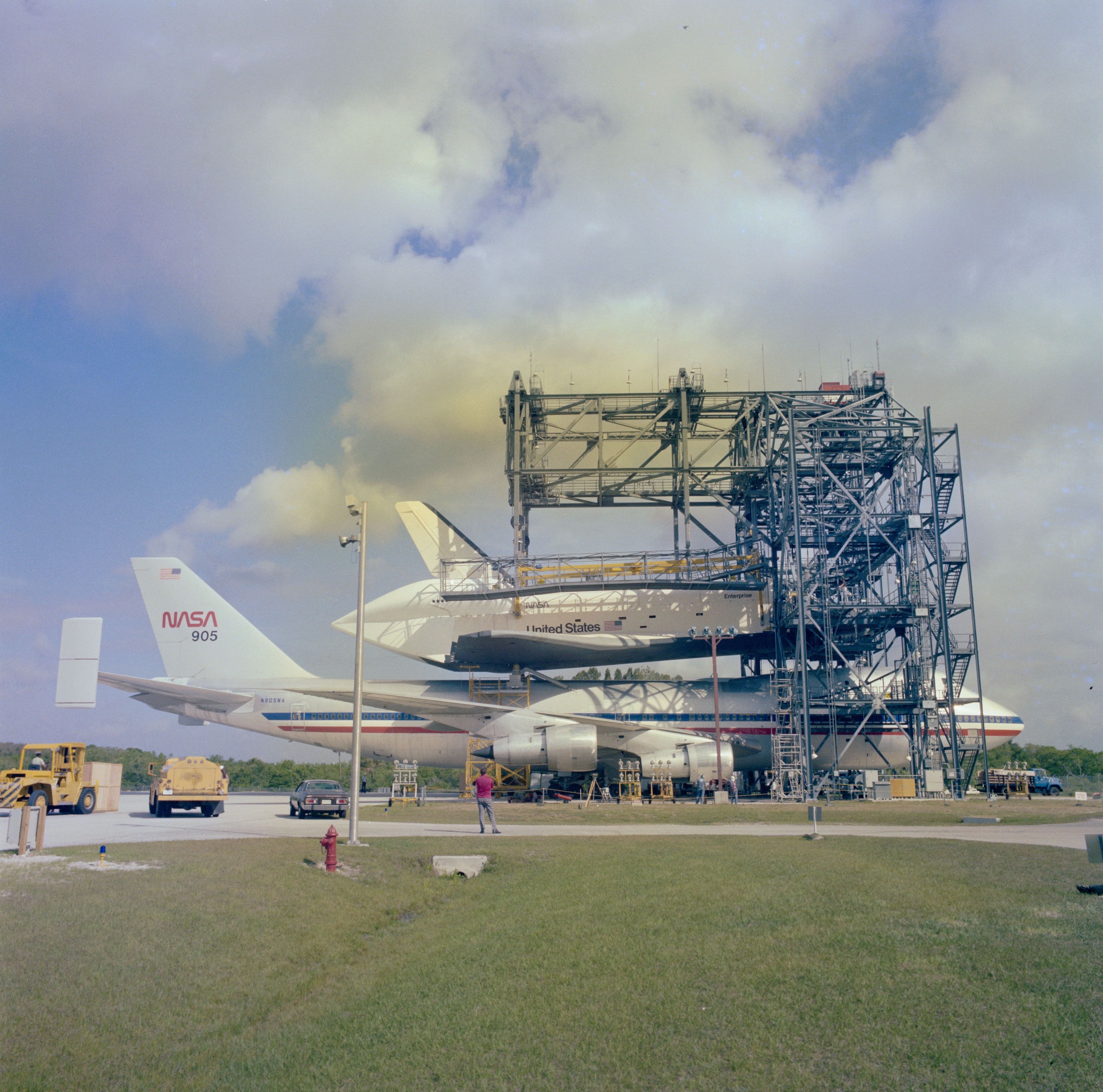 Enterprise atop its Shuttle Carrier Aircraft (SCA) touches down on the runway at NASA's Kennedy Space Center in Florida