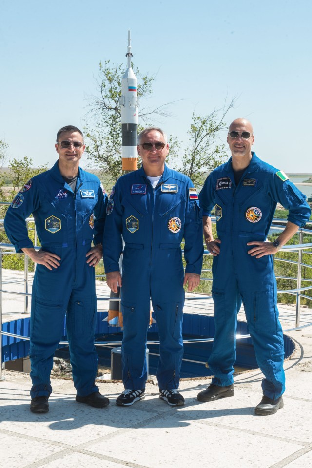 At the Cosmonaut Hotel crew quarters in Baikonur, Kazakhstan, Expedition 60 crewmembers Drew Morgan of NASA (left), Alexander Skvortsov of Roscosmos (center) and Luca Parmitano of the European Space Agency (right) pose for pictures July 12 as part of pre-launch activities. They will launch July 20 on the Soyuz MS-13 spacecraft from the Baikonur Cosmodrome in Kazakhstan on a mission to the International Space Station. Andrey Shelepin/GCTC