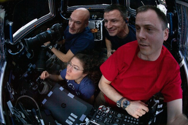 iss060e047699 -- Expedition 60 European Space Agency astronaut Luca Parmitano and NASA astronauts Christina Koch, Andrew Morgan and Nick Hague, take turns capturing images of rapidly intensifying Hurricane Dorian from the cupola inside the International Space Station on Aug. 30 as it churned over the Atlantic Ocean.