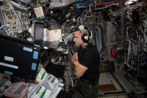 iss060e033664 (Aug. 12, 2019) --- Expedition 60 Flight Engineer Andrew Morgan participates in a hearing test to help doctors understand how the microgravity environment and the acoustic levels of the station affect a crewmember’s hearing before, during and after a mission.