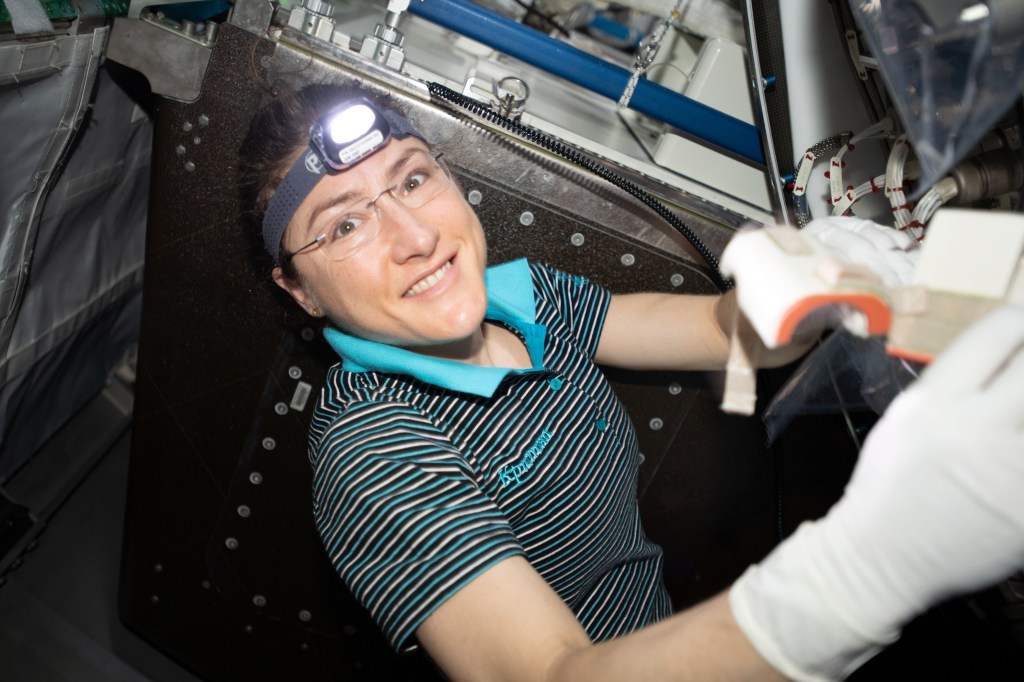 iss060e002302 (July 2, 2019) --- Expedition 60 Flight Engineer Christina Koch of NASA cleans and replaces life support hardware inside the International Space Station's Tranquility module.