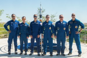 jsc2019e039272 (July 12, 2019) --- At the Cosmonaut Hotel crew quarters in Baikonur, Kazakhstan, the Expedition 60 prime and backup crewmembers pose for pictures July 12 as part of pre-launch activities. From left to right are backup crewmembers Soichi Noguchi of the Japan Aerospace Exploration Agency, Sergey Ryzhikov of Roscosmos and Tom Marshburn of NASA and prime crewmembers Drew Morgan of NASA, Alexander Skvortsov of Roscosmos and Luca Parmitano of the European Space Agency. Morgan, Skvortsov and Parmitano will launch July 20 on the Soyuz MS-13 spacecraft from the Baikonur Cosmodrome in Kazakhstan on a mission to the International Space Station. Credit: Andrey Shelepin/GCTC