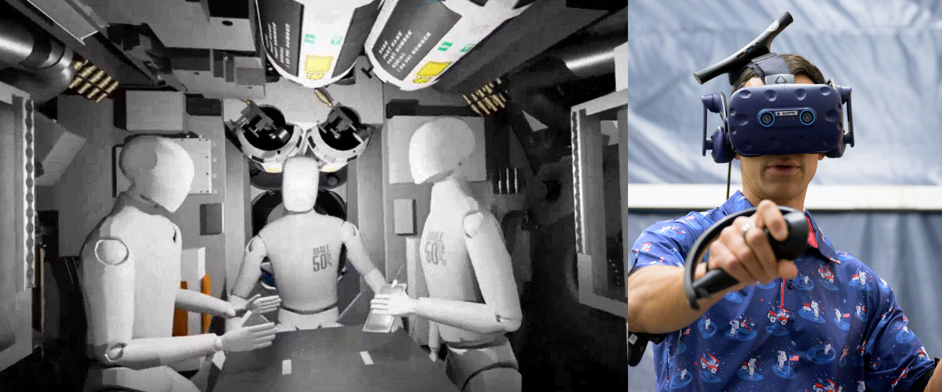 NASA Astronaut Raja Chari wearing a VR headset and holding VR controllers in both hands, with an image of the virtual reality simulation he is experiencing displayed next to him. The simulation shows the interior of Gateway, as Chari navigates through the virtual environment during a testing session at NASA's Johnson Space Center's Virtual Reality Training Lab.