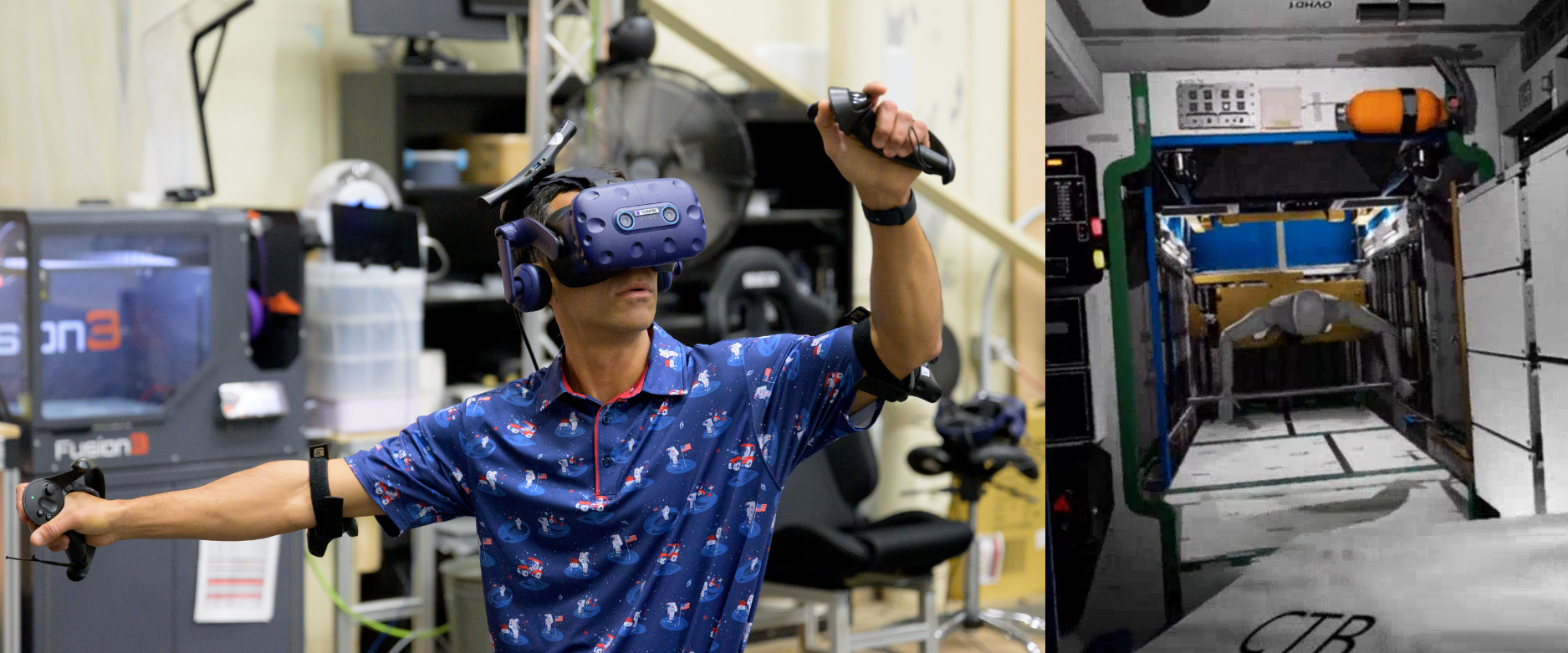 NASA Astronaut Raja Chari wearing a VR headset and holding VR controllers in both hands, with an image of the virtual reality simulation he is experiencing displayed next to him. The simulation shows the interior of Gateway, as Chari navigates through the virtual environment during a testing session at NASA's Johnson Space Center's Virtual Reality Training Lab.
