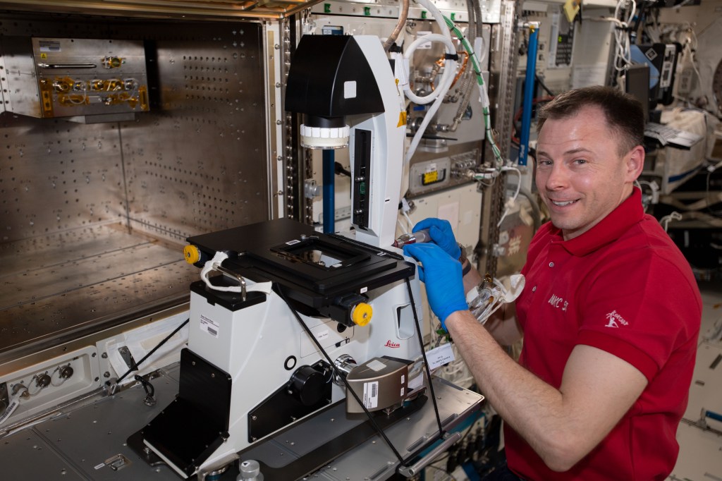 iss060e008886 (July 16, 2019) --- Expedition 60 Flight Engineer Nick Hague of NASA sets up a fluorescence microscope inside Japan's Kibo laboratory module. The specialized microscope was reconfigured for operations in a Multipurpose Small Payload Rack and can observe cellular changes in microgravity.