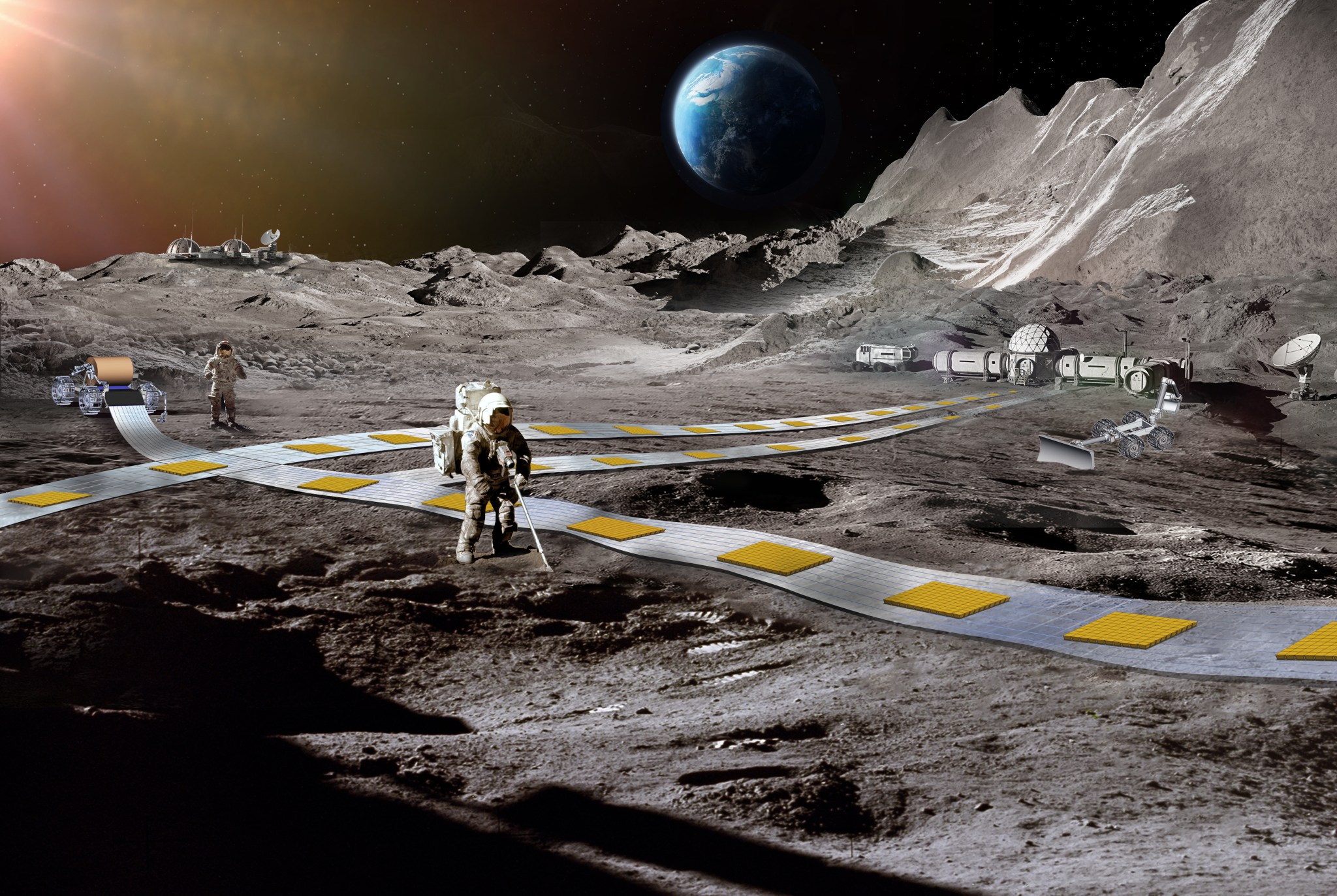 Astronaut working on levitation track on lunar surface with Earth in distant sky.