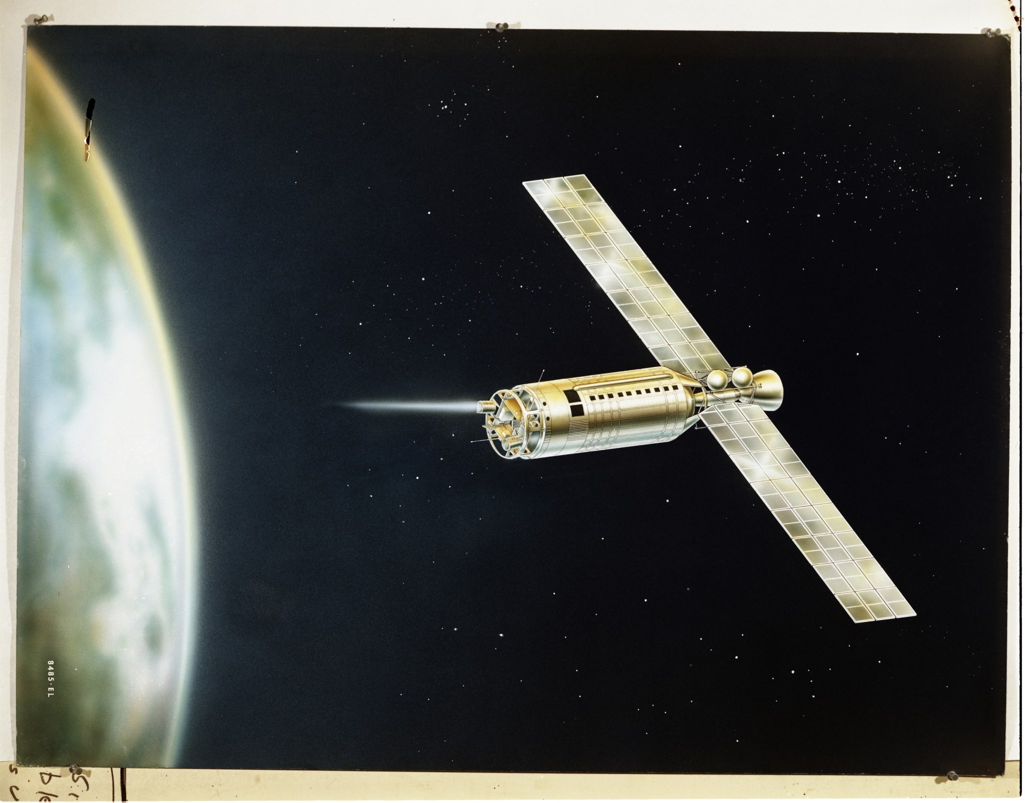 An illustration of a gold spacecraft flying through space with thrusters releasing propellant and solar arrays. The Earth can be seen to the left of the illustration.