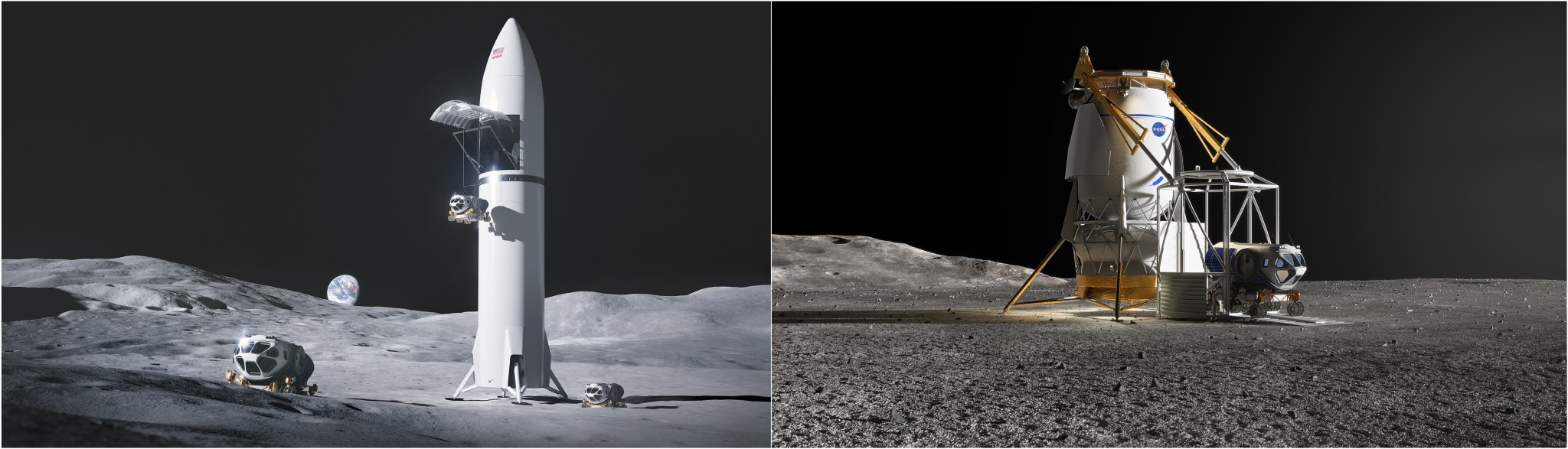 Early conceptual renderings of cargo variants of human lunar landing systems from NASA's providers SpaceX, left, and Blue Origin, right. Both industry teams have been given authority to begin design work to provide large cargo landers capable of delivering up to 15 metric tons of cargo, such as a pressurized rover, to the Moon's surface.
