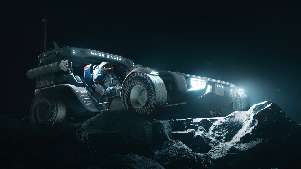 Artist concept of Intuitive Machines' "Moon RACER" lunar terrain vehicle on the surface of the Moon.