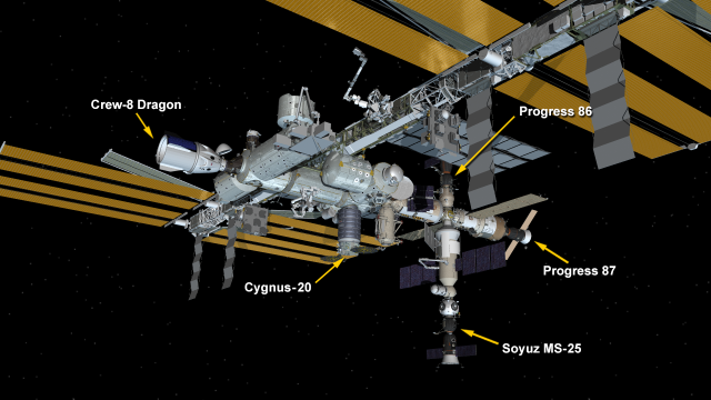 April 28 2024: International Space Station Configuration. Five spaceships are parked at the space station including the SpaceX Dragon crew spacecraft Endeavour, Northrop Grumman’s Cygnus space freighter, the Soyuz MS-25 crew ship, and the Progress 86 and 87 resupply ships.