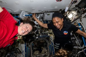 Expedition 70 Flight Engineers (from left) Tracy C. Dyson and Jeanette Epps, both NASA astronauts, are pictured aboard the International Space Station's Destiny laboratory module.