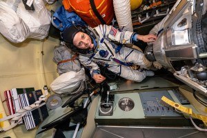 Expedition 70 Flight Engineer and NASA astronaut Loral O'Hara conducts leak checks and tries on the Sokol launch and entry suit she will wear when she returns to Earth aboard the Soyuz MS-24 crew ship docked to the International Space Station's Rassvet module.