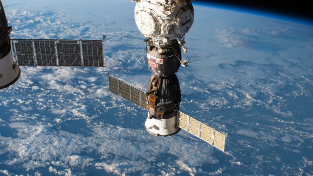 The Soyuz MS-25 crew ship is pictured docked to the International Space Station's Prichal docking module as the orbital complex soared 263 miles above the South Pacific Ocean.