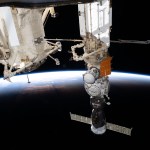 The Soyuz MS-25 spacecraft is pictured docked to the Prichal docking module as the International Space Station soared into an orbital sunset 260 miles above the Indian Ocean off the coast on Indonesia.