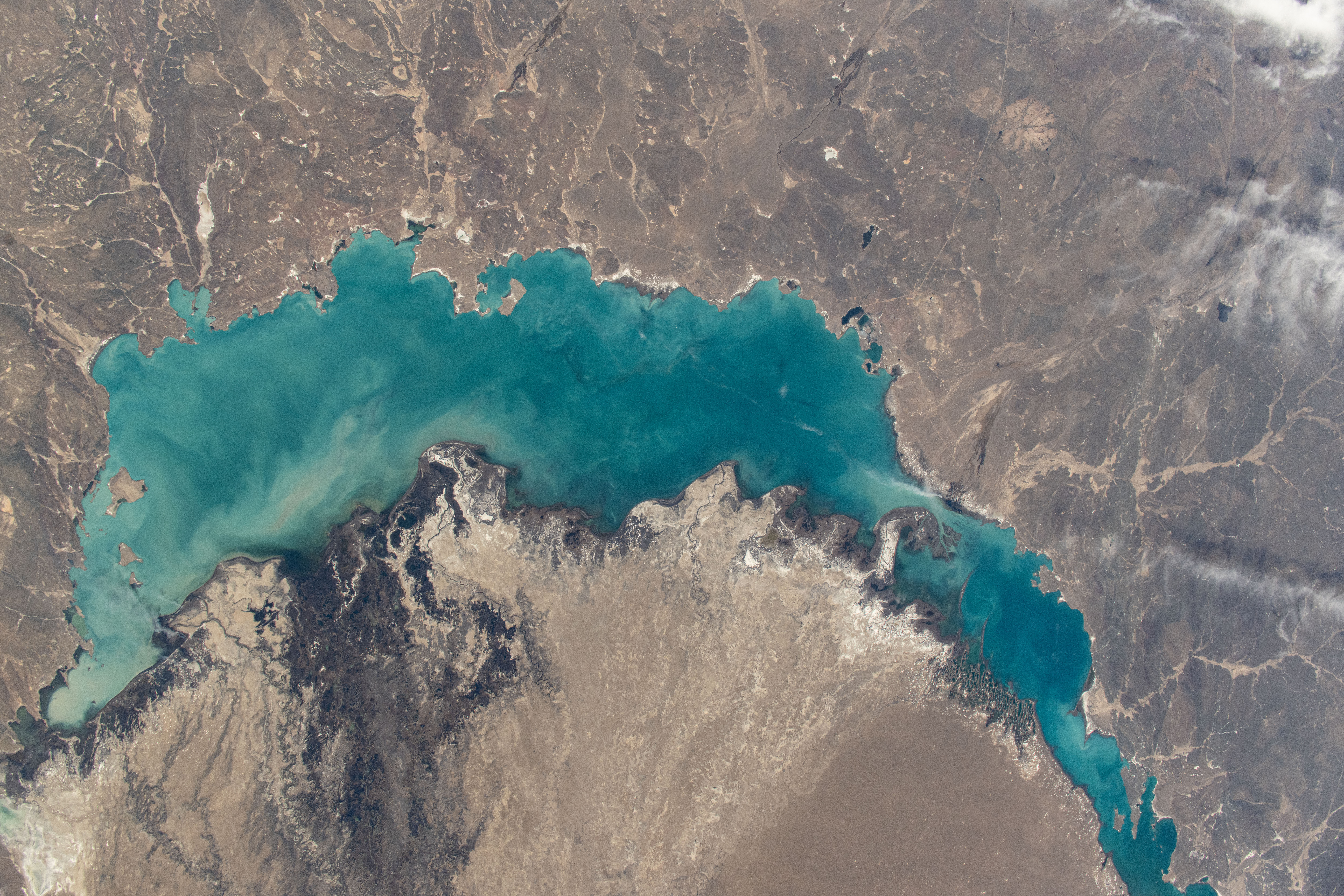 iss071e012112 (April 19, 2024) -- In southeastern Kazakhstan lies Lake Balkhash, one of the largest in Asia. Its turquoise color comes from winter ice melting. As the International Space Station soared nearly 260 miles above, NASA astronaut Mike Barratt captured this photo.