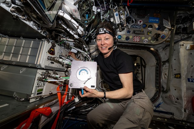 Expedition 71 Flight Engineer and NASA astronaut Tracy C. Dyson services components and cleans hardware inside the Advanced Space Experiment Processor, a research device that can host a variety of space biology experiments, located in the International Space Station's Columbus laboratory.