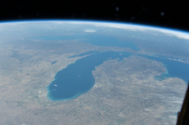 Lake Michigan figures prominently in the United States' upper midwest region with Lake Superior and Lake Huron in this photograph from the International Space Station as it orbited 257 miles above North America.