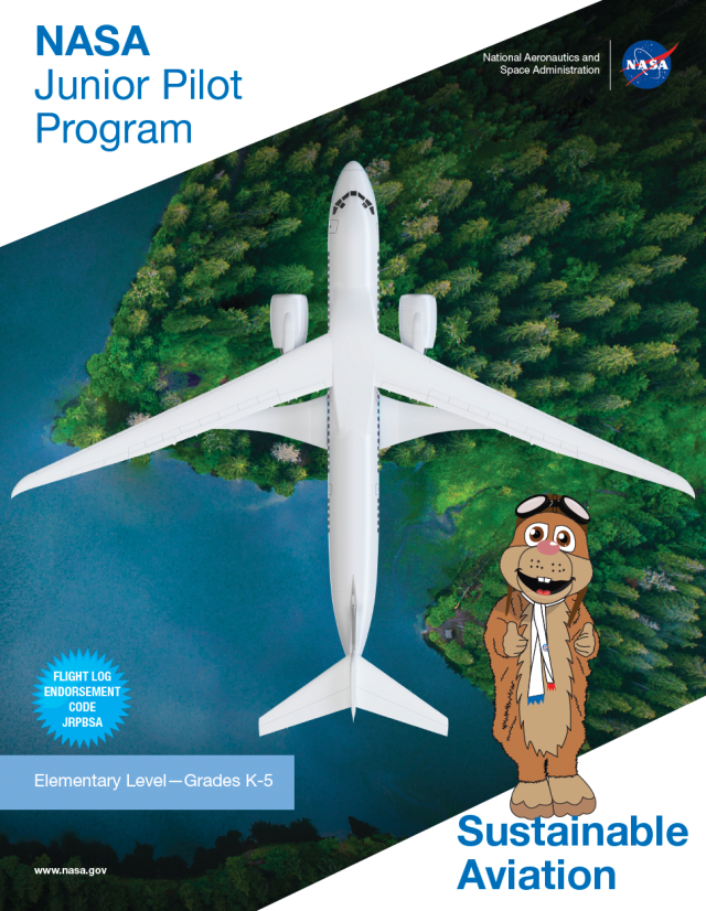 NASA's Junior Pilot Program: Sustainable Aviation Cover with Orville the Flying Squirrel Mascot standing in front of an image of a transonic-truss braced wing aircraft in flight.