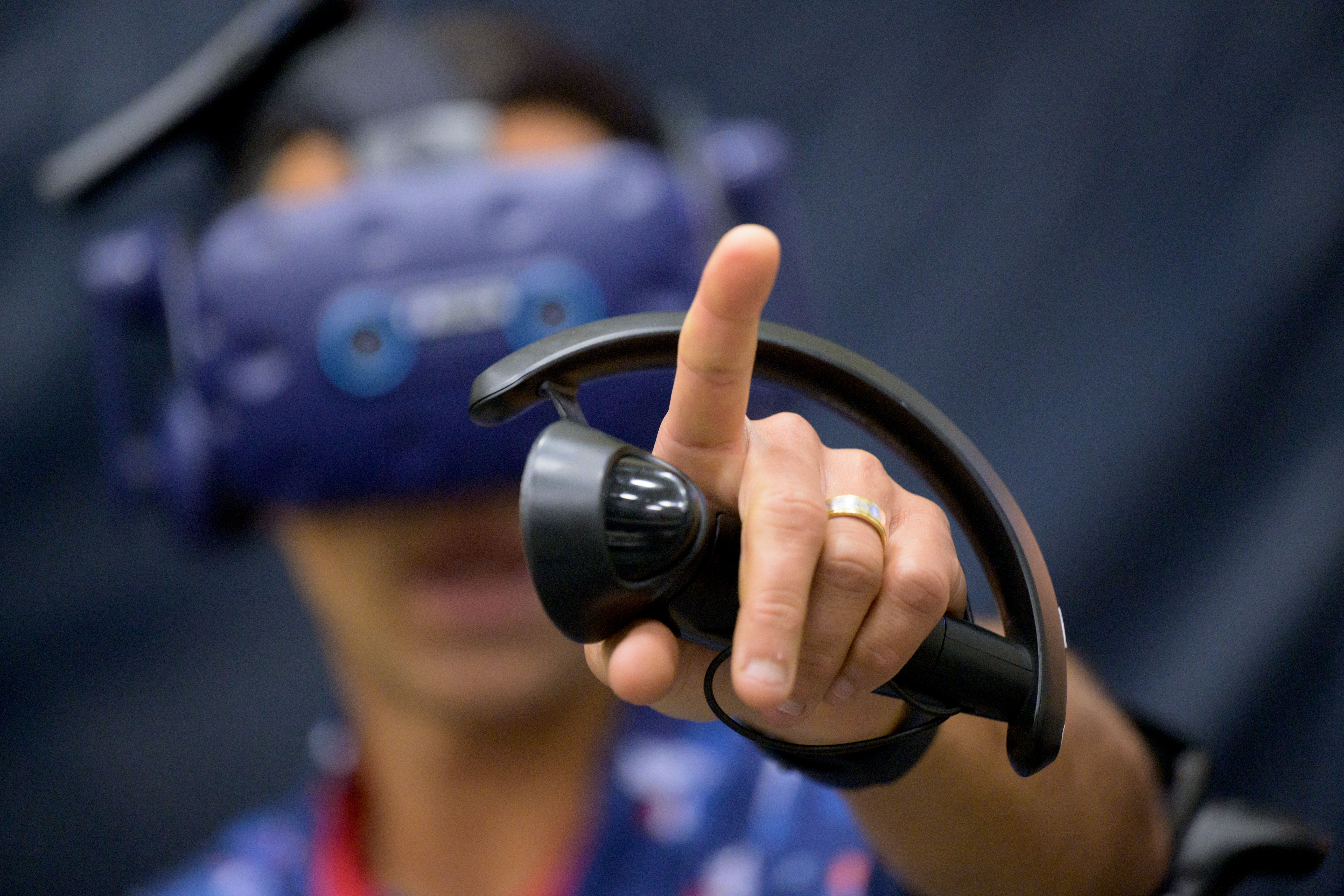 NASA Astronaut Raja Chari explores Gateway in virtual reality at the Virtual Reality Training Lab at NASA's Johnson Space Center.