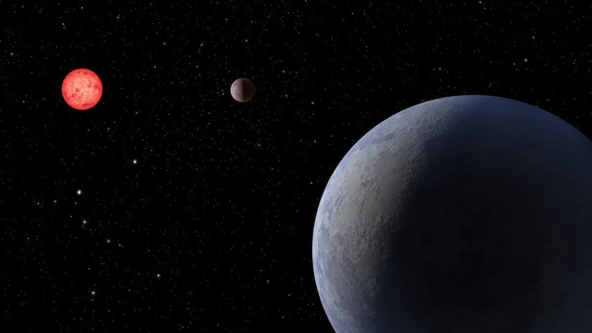 Illustration of a newly discovered super-Earth, LP 890-9 c, foreground, and its sister planet, LP 890-9 b, orbiting a red-dwarf star some 98 light-years away from Earth.
