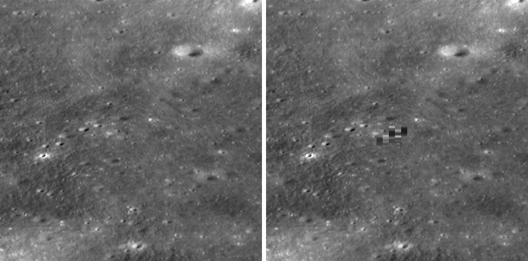 duas imagens em tons de cinza da superfície lunar cheia de crateras; a esquerda apresenta uma pequena faixa preta e branca perto do centro; a direita tem um recurso maior em preto e branco pixelizado