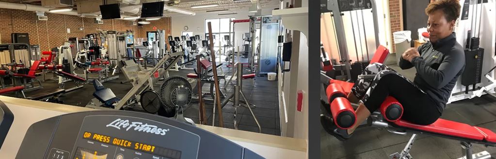 A view inside of the fitness center, showing equipment layout