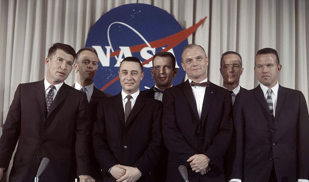 Group photo of the Mercury 7 astronauts at their first public appearance in April 1959: Walter M. Schirra, left, Alan B. Shepard, Virgil I. “Gus” Grissom, Donald K. “Deke” Slayton, John H. Glenn, M. Scott Carpenter, and L. Gordon Cooper