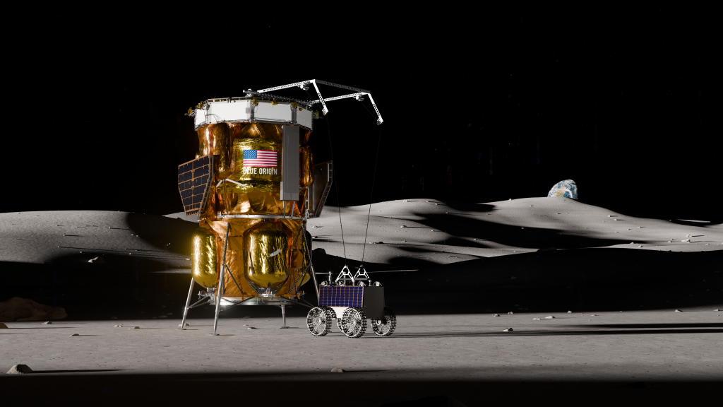 Artist’s rendering of Blue Origin’s Blue Moon Mark 1 lunar lander on the lunar surface with a lunar terrain vehicle being lowered to the ground.
