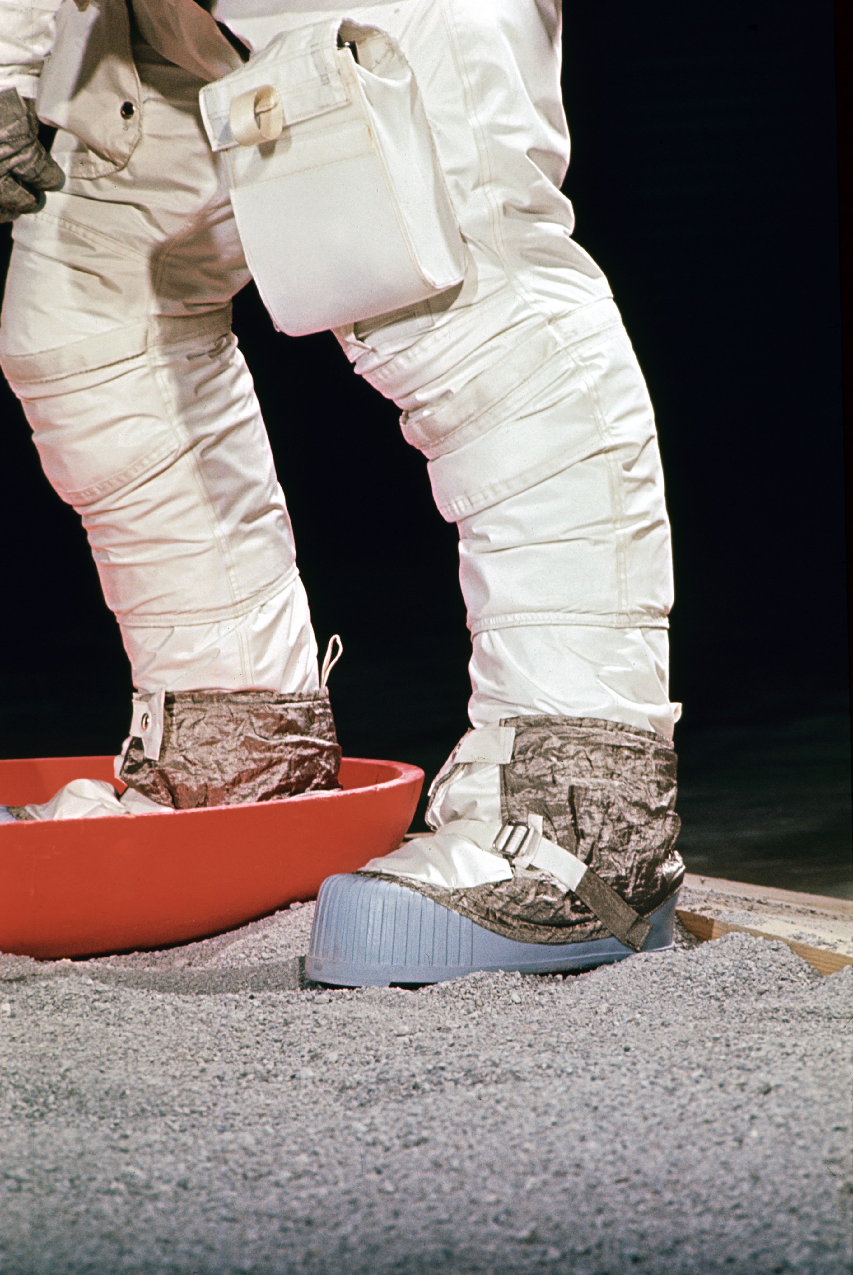 Apollo 11 astronaut Neil A. Armstrong practices taking the first step onto the lunar surface