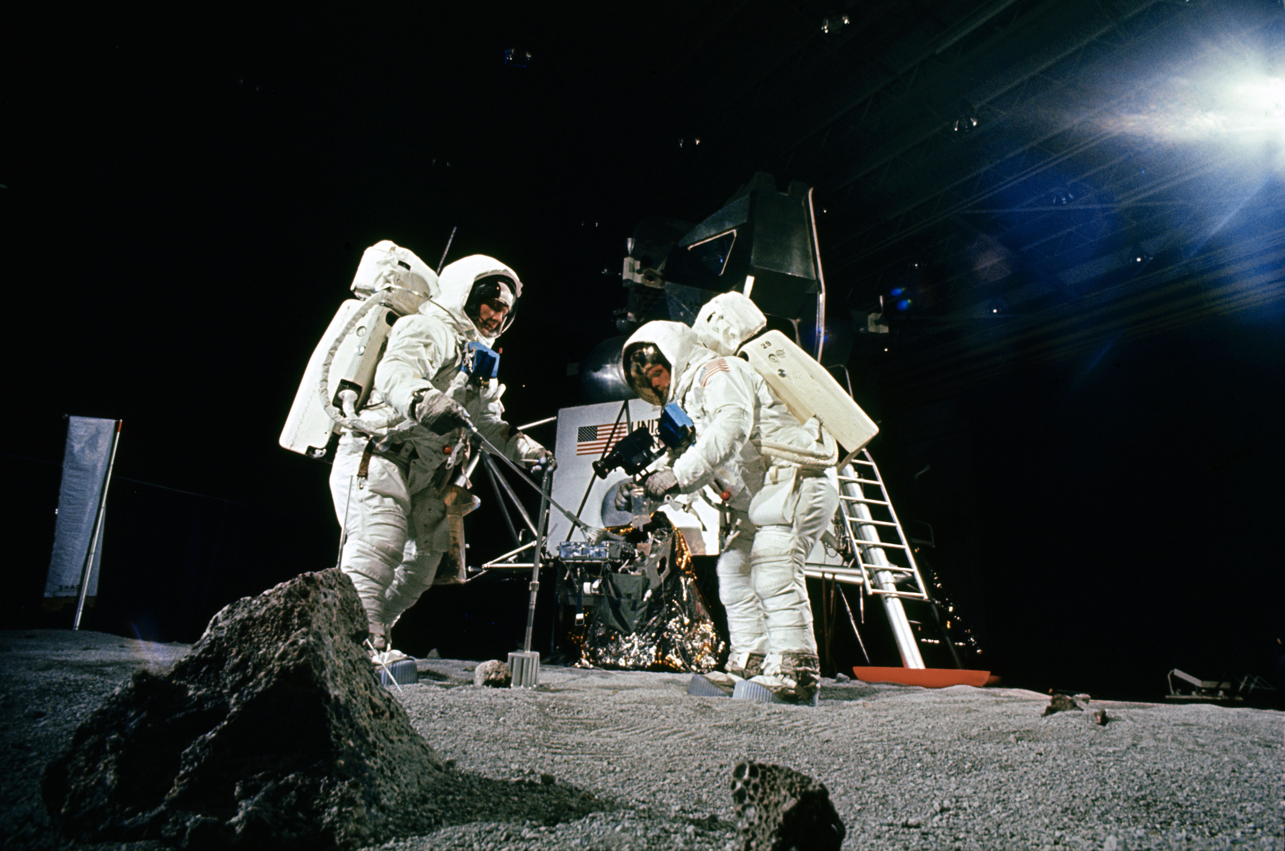 Edwin E. “Buzz” Aldrin, left, and Armstrong train for lunar surface activities