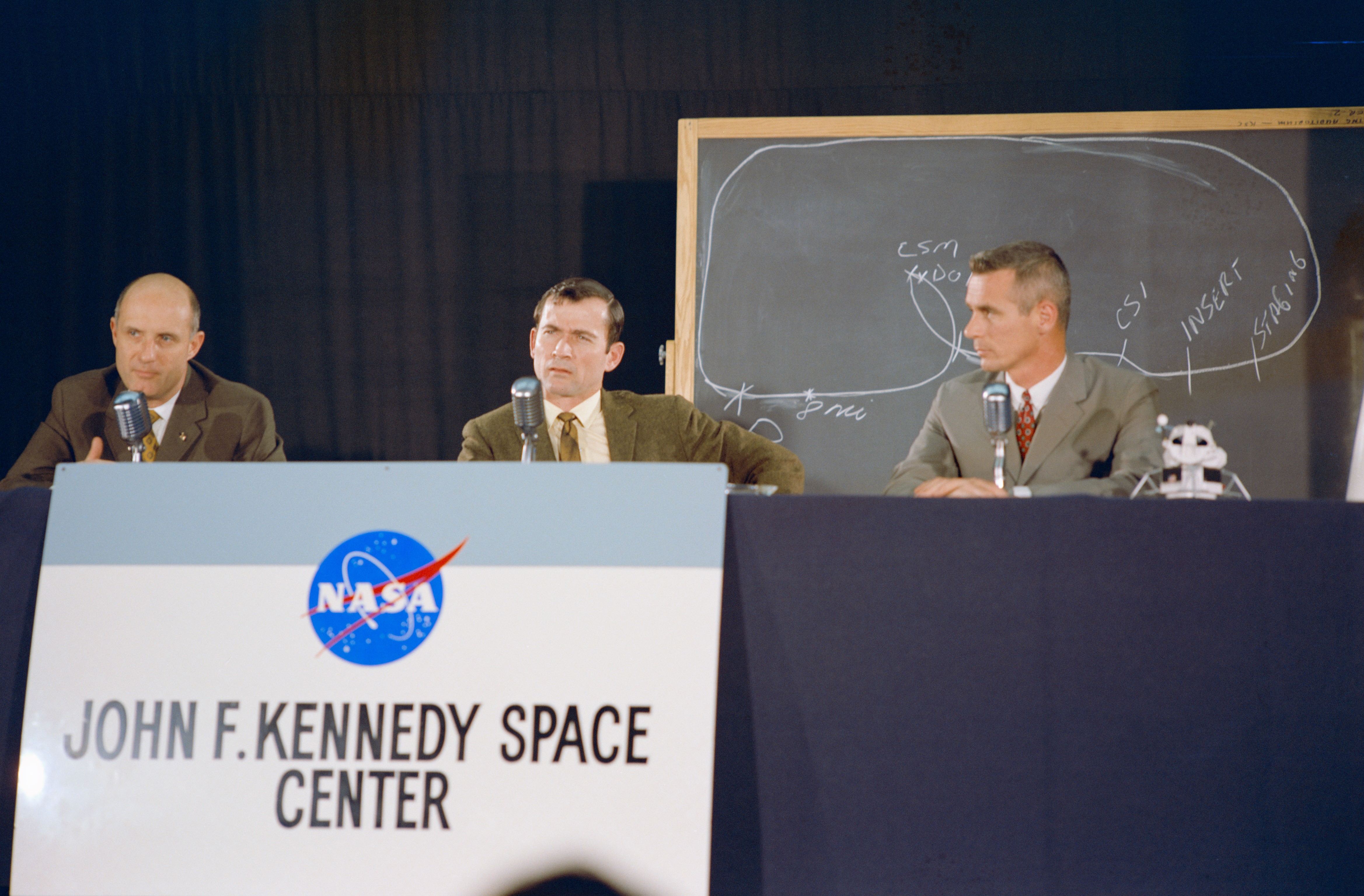 Apollo 10 astronauts Thomas P. Stafford, left, John W. Young, and Eugene A. Cernan during a press conference at NASA’s Kennedy Space Center in Florida