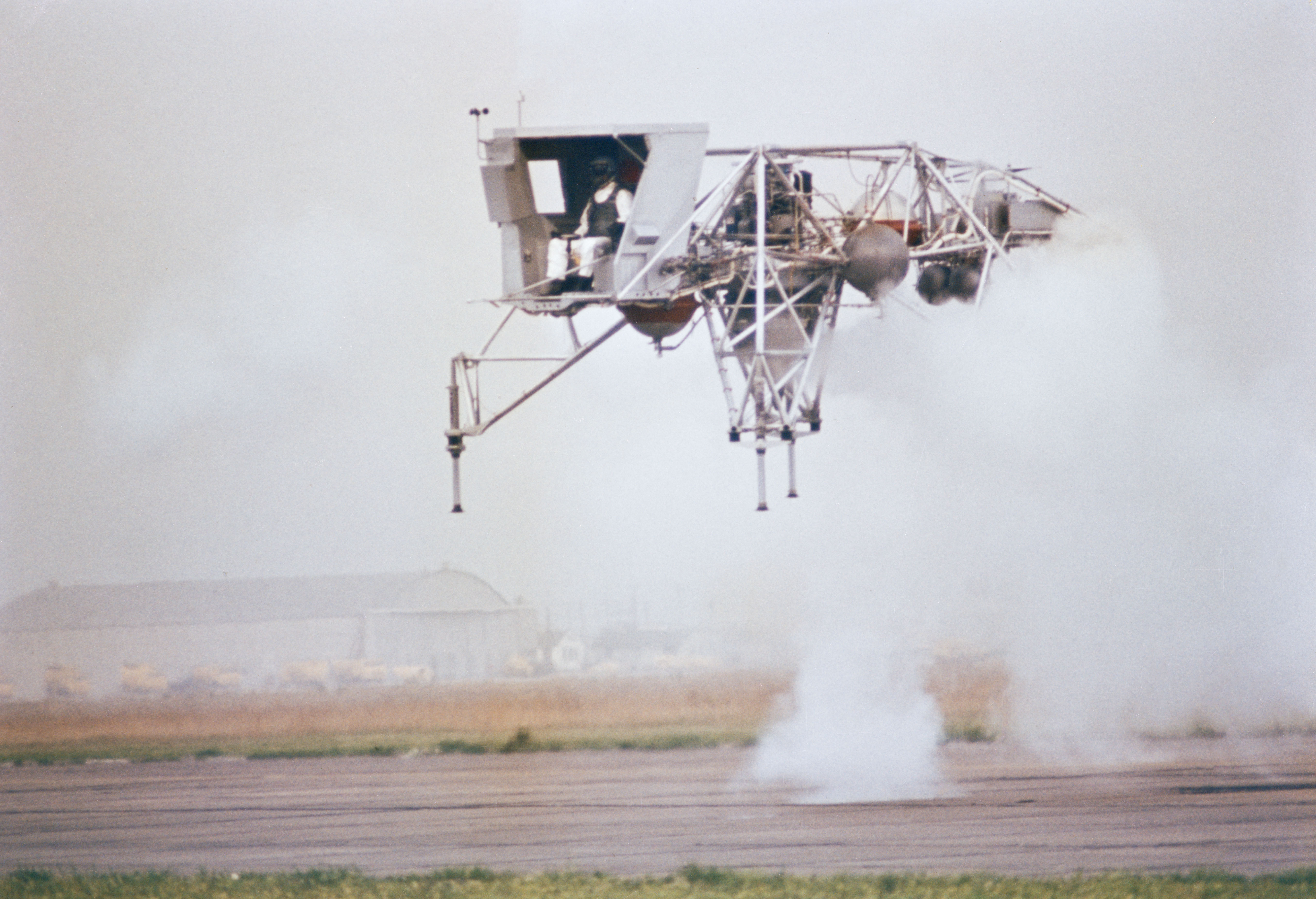 At Ellington Air Force Base in Houston, NASA pilot Harold E. “Bud” Ream at the controls of Lunar Landing Training Vehicle-2 (LLTV-2) on its first flight after flights resumed