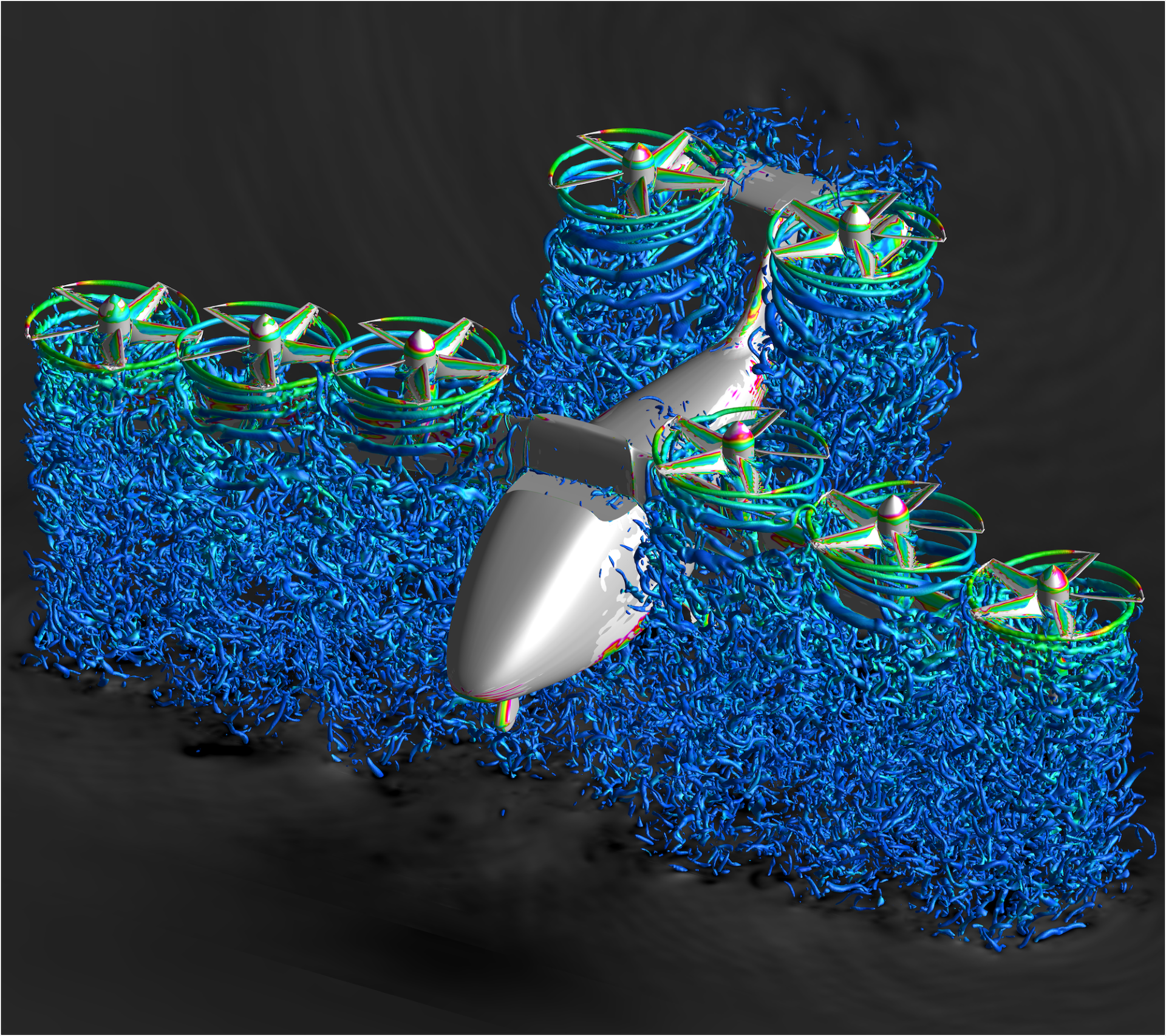 A silver aircraft model with eight propellors hovers in this image with green circles showing the motion of air moving around the propellor and blue waves flowing below showing the motion of air coming from the propellors down to the ground.