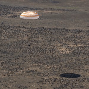 The Soyuz MS-24 spacecraft descends to Earth under its main parachute near the town of Zhezkazgan, Kazakhstan, on Saturday, April 6, 2024. Aboard the Soyuz crew ship were NASA astronaut Loral O'Hara, Roscosmos cosmonaut Oleg Novitskiy, and Belarus spaceflight participant Marina Vasilevskaya who had undocked from the International Space Station several hours earlier. Credit NASA/Bill Ingalls