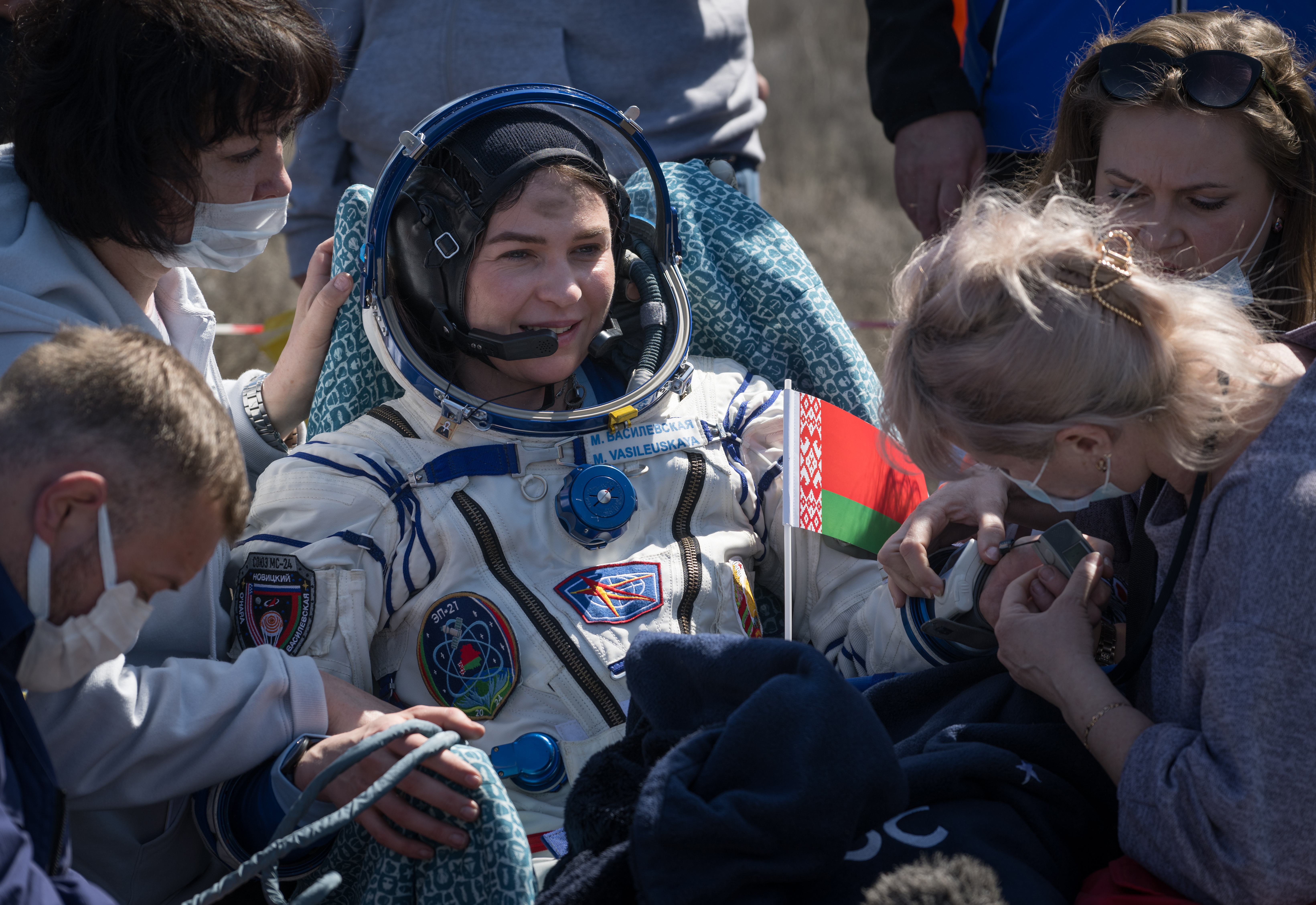 Belarus spaceflight participant Marina Vasilevskaya is seen after she returned to Earth and was extracted from the Soyuz MS-24 spacecraft. Vasilevskaya, NASA astronaut Loral O'Hara, and Roscosmos cosmonaut Oleg Novitskiy parachuted to a landing aboard the Soyuz crew ship in a remote area near the town of Zhezkazgan, Kazakhstan on Saturday, April 6, 2024, after undocking from the International Space Station a few hours earlier. Credit NASA/Bill Ingalls