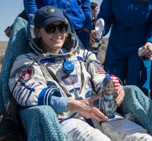 Expedition 70 Flight Engineer and NASA astronaut Loral O'Hara is seen holding a matryoshka doll that was gifted to her after she returned to Earth and was extracted from the Soyuz MS-24 spacecraft. O'Hara, Roscosmos cosmonaut Oleg Novitskiy, and Belarus spaceflight participant Marina Vasilevskaya parachuted to a landing aboard the Soyuz crew ship in a remote area near the town of Zhezkazgan, Kazakhstan on Saturday, April 6, 2024, after undocking from the International Space Station a few hours earlier. Credit NASA/Bill Ingalls
