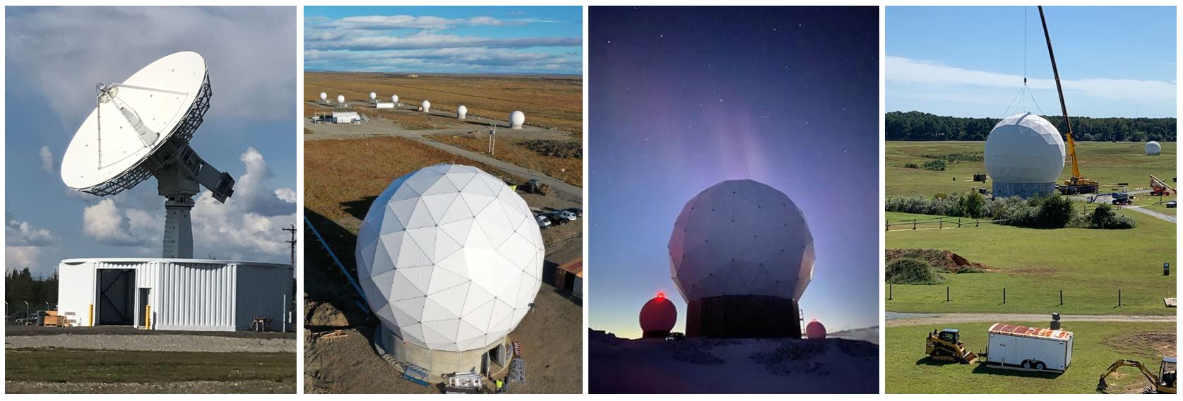 NASA and KSAT Near Space Network Initiative for Ka-band Advancement antennas. This image shows for antennas across the globe in a variety of environments. The first is in Alaska, the second is in Chile, the third is in Norway, and the fourth is in Virginia.