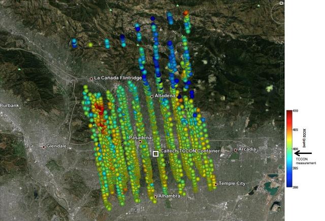 This image shows NASA OCO-2 measurements of carbon dioxide levels over Pasadena and the northern Los Angeles basin on Sept. 5, 2014. Each colored dot represents a single measurement of the greenhouse gas made during an overflight of the area.