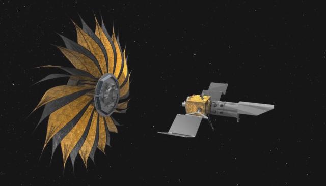 Artists depiction of the Starshade spacecraft concept, showing a space telescope next to an unfurled light-blocking device
