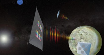 Artist’s depiction of ScienceCraft, which integrates the science instrument with the spacecraft by printing a quantum dot spectrometer directly on the solar sail to form a monolithic, lightweight structure