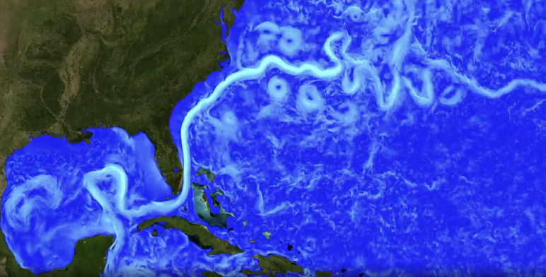A tool developed at NASA’s Advanced Supercomputing division provides researchers with a global view of their ocean simulation in high resolution. In this part of the global visualization, the Gulf Stream features prominently. Surface water speeds are shown ranging from 0 meters per second (dark blue) to 1.25 meters (about 4 feet) per second (cyan). The video is running at one simulation day per second. The data used comes from the Estimating the Circulation and Climate of the Ocean (ECCO) consortium.